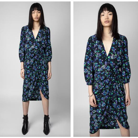 ZADIG & VOLTAIRE Renew Bianca Flower Silk Midi Dress Skull Floral Navy Blue 3R5 - Picture 1 of 3